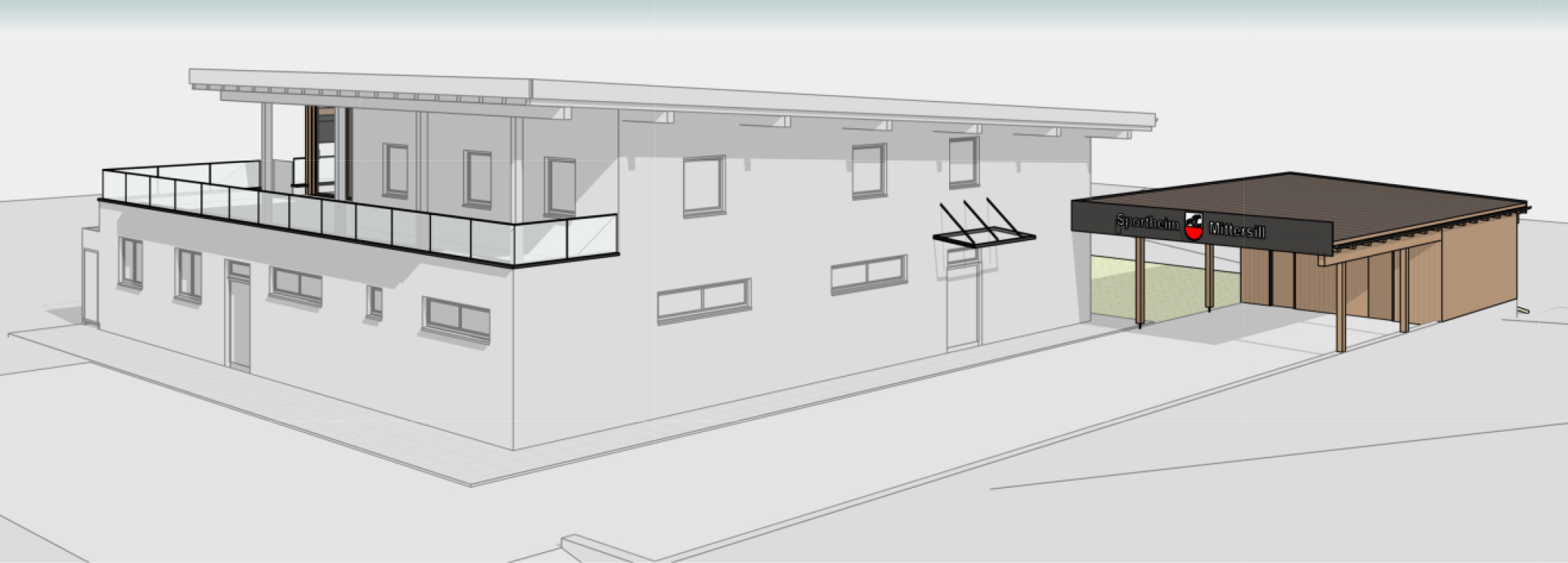 Ansicht von Osten mit dem Cardeck, dem Lagerraum für die Pinzgabikers und die Müllcontainer.